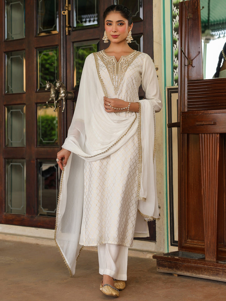 Off White Chanderi Yoke Embroidered 3-Piece Kurta Set