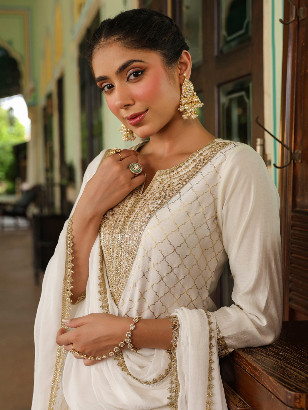 Off White Chanderi Yoke Embroidered 3-Piece Kurta Set