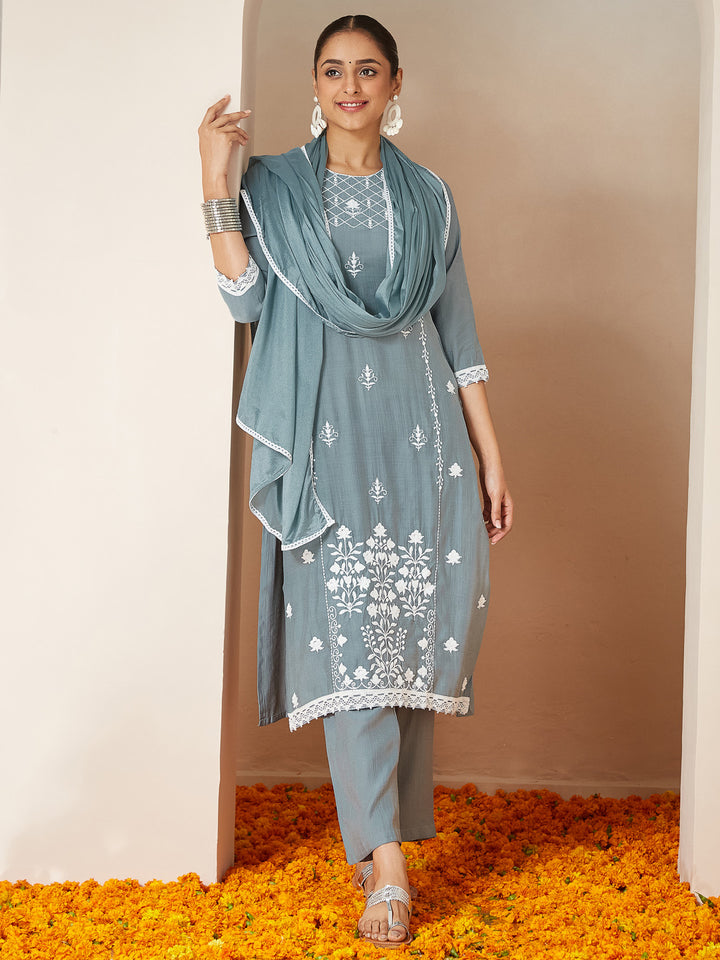 Powder Blue Silk Blend Embroidered 3-Piece Kurta Set