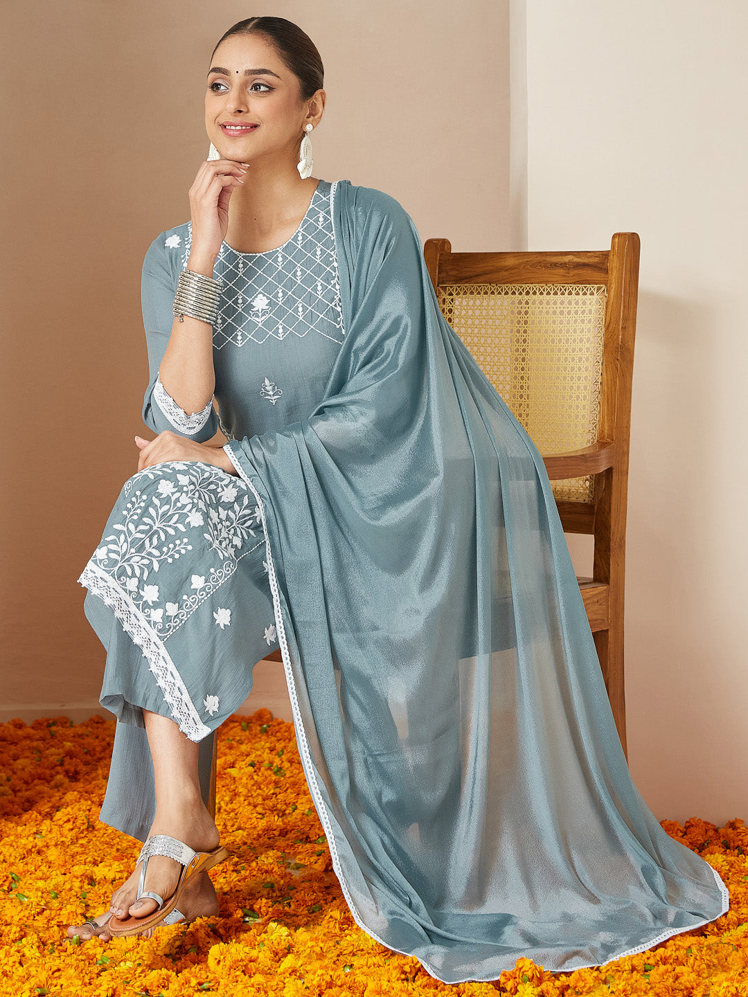 Powder Blue Silk Blend Embroidered 3-Piece Kurta Set