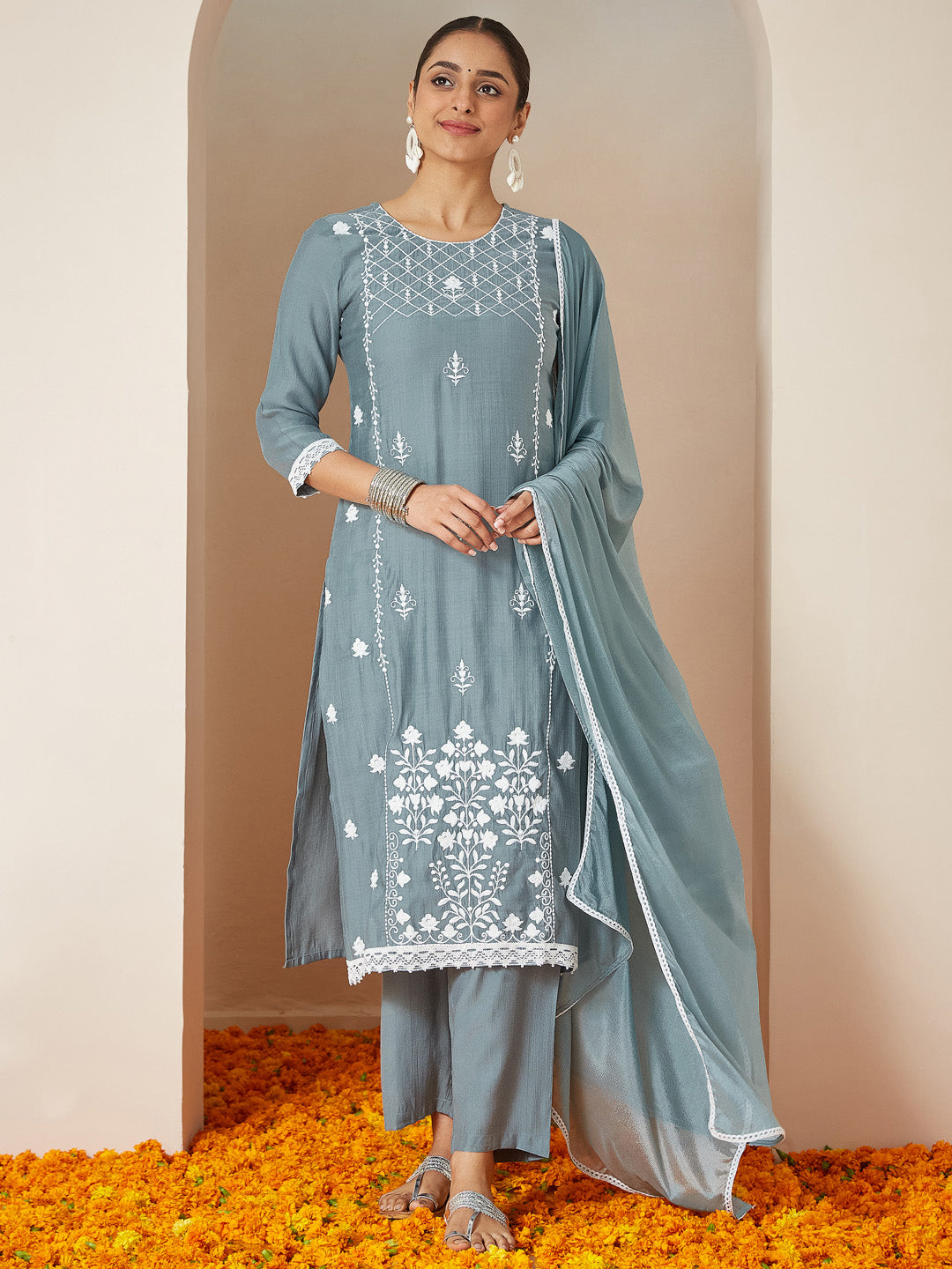 Powder Blue Silk Blend Embroidered 3-Piece Kurta Set
