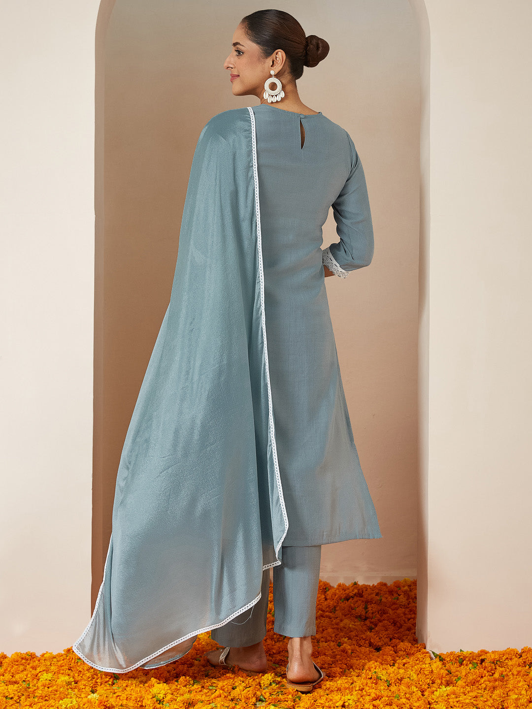 Powder Blue Silk Blend Embroidered 3-Piece Kurta Set
