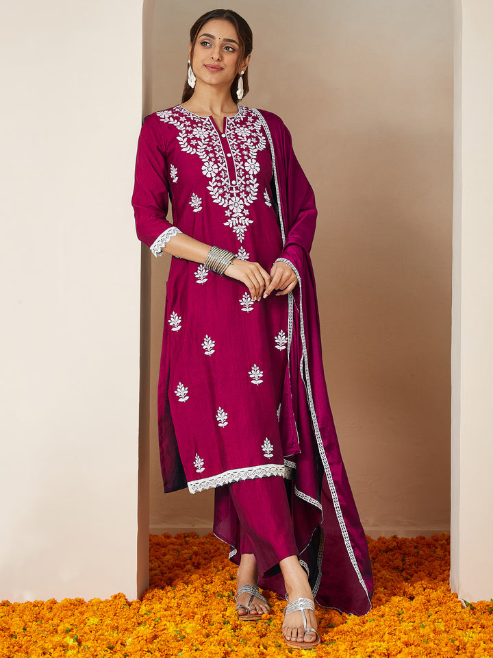 Pink Silk Blend Embroidered 3-Piece Kurta Set