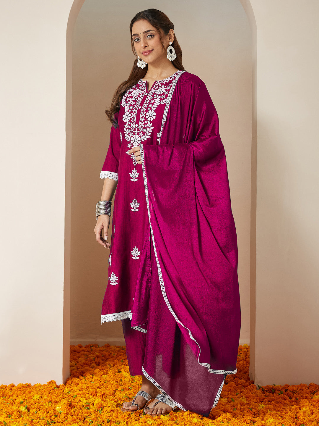 Pink Silk Blend Embroidered 3-Piece Kurta Set