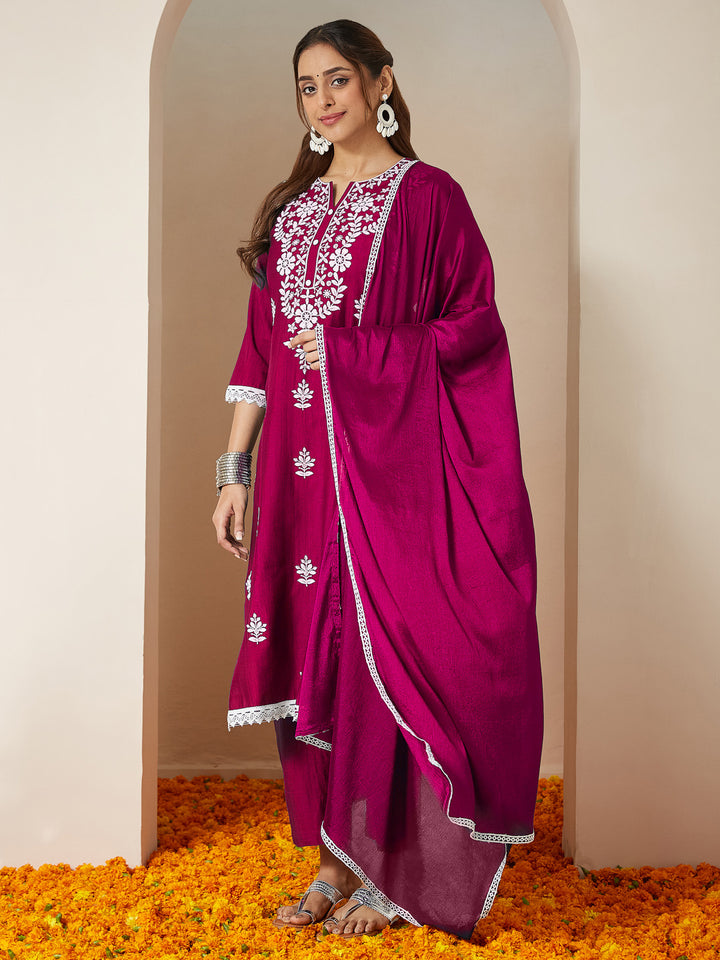 Pink Silk Blend Embroidered 3-Piece Kurta Set