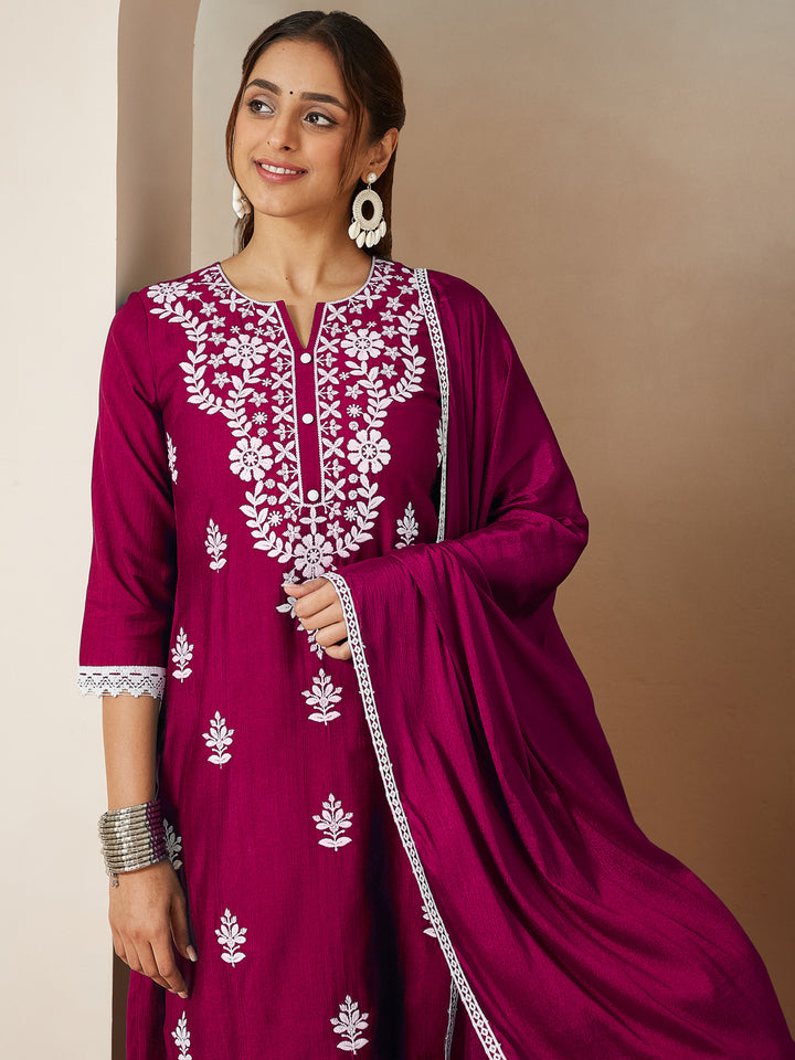 Pink Silk Blend Embroidered 3-Piece Kurta Set