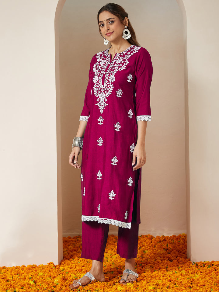 Pink Silk Blend Embroidered 3-Piece Kurta Set