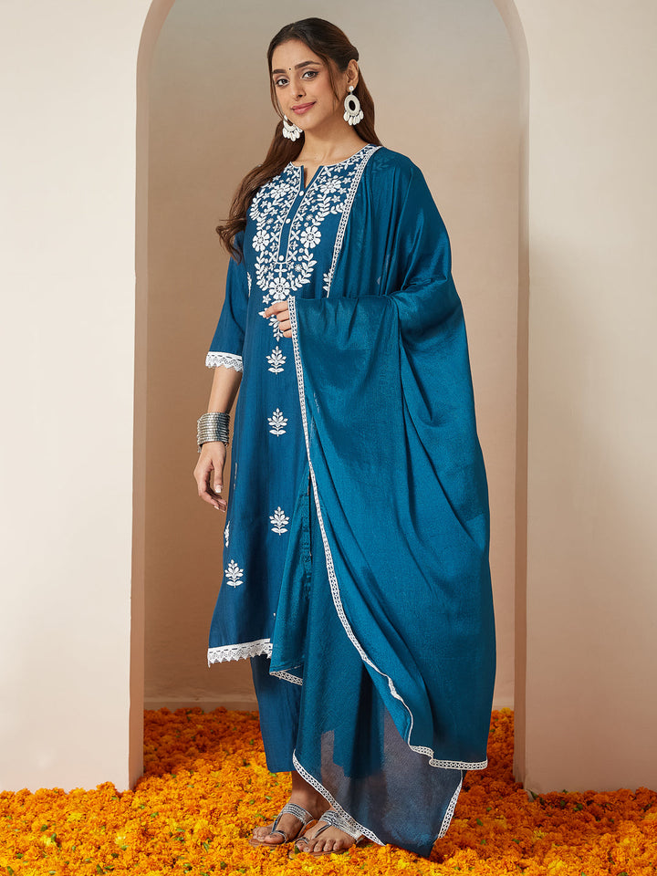 Teal-Silk-Blend-Straight-Embroidered-3-Piece-Kurta-Set