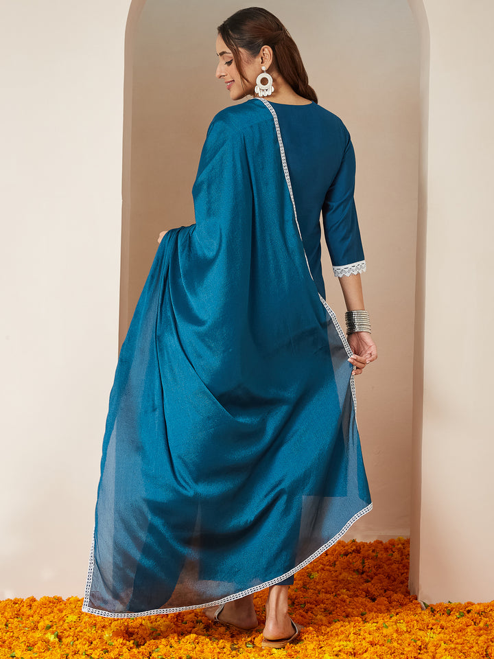 Teal Silk Blend Straight Embroidered 3-Piece Kurta Set