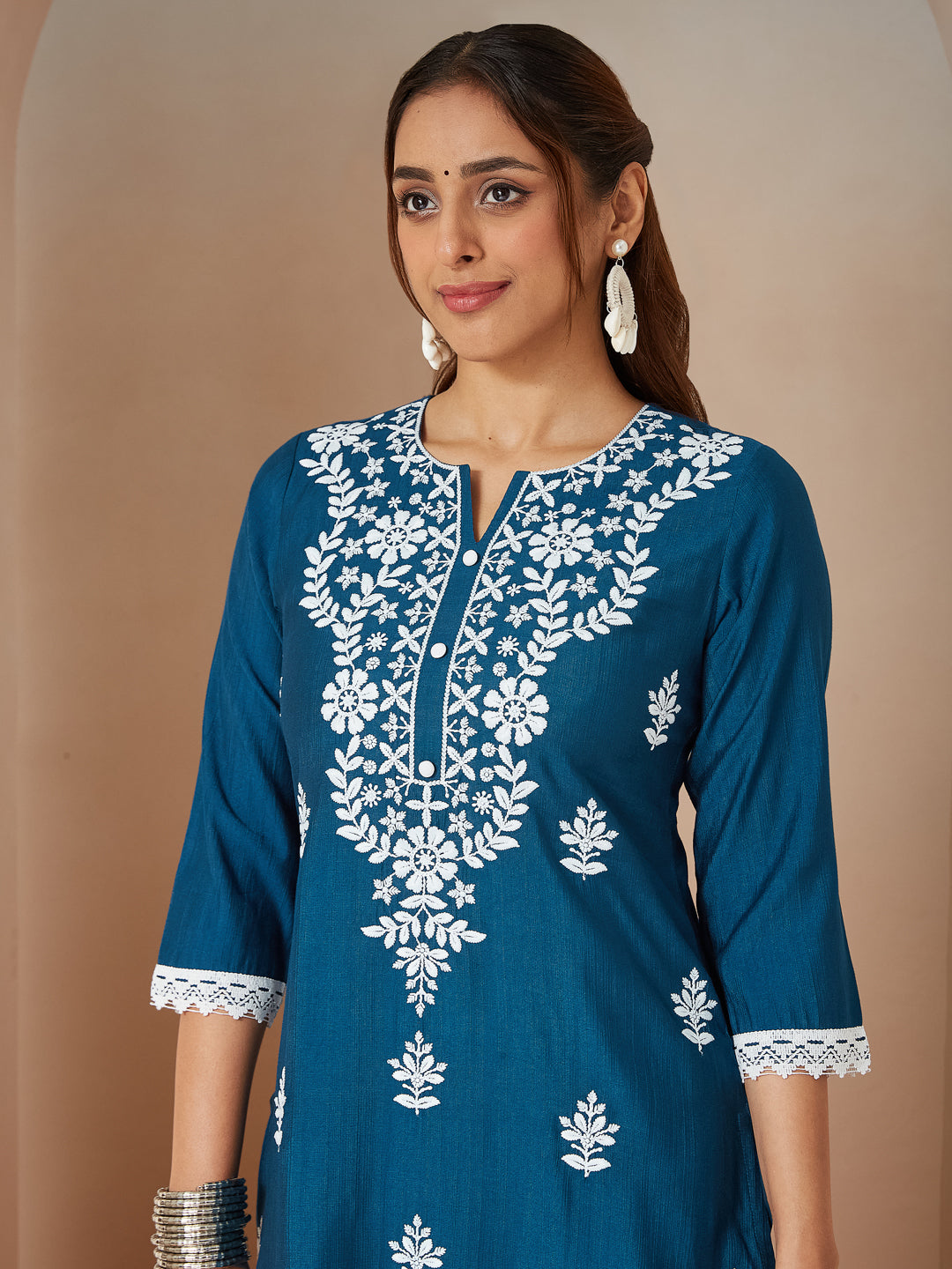Teal Silk Blend Straight Embroidered 3-Piece Kurta Set