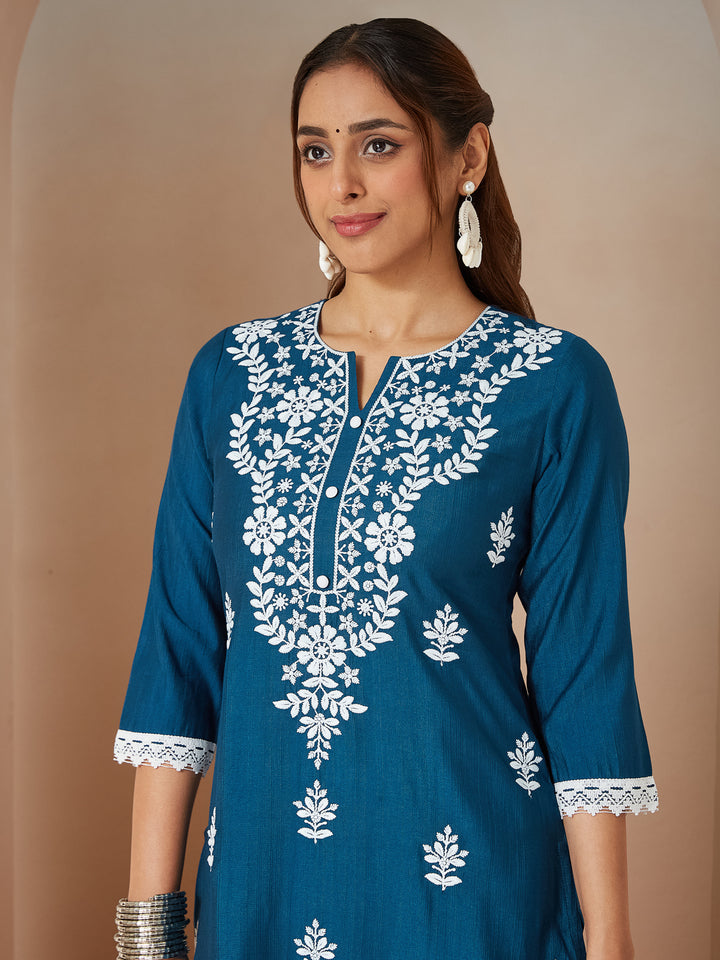 Teal Silk Blend Straight Embroidered 3-Piece Kurta Set