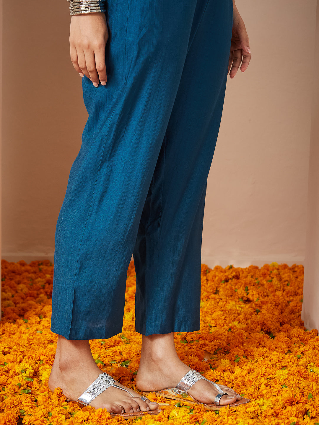 Teal Silk Blend Straight Embroidered 3-Piece Kurta Set