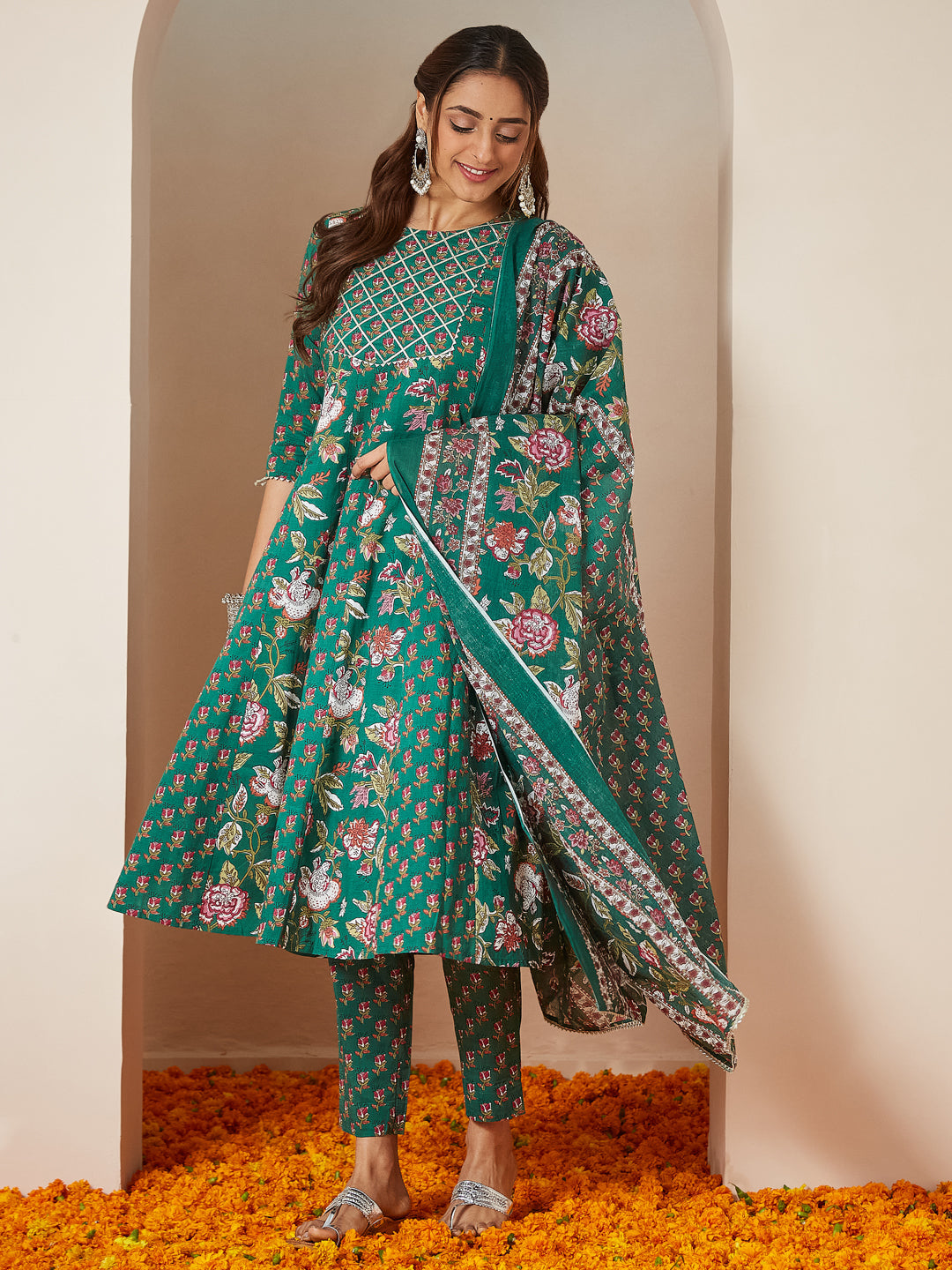 Green-Cotton-Anarkali-Floral-Printed-3-Piece-Kurta-Set