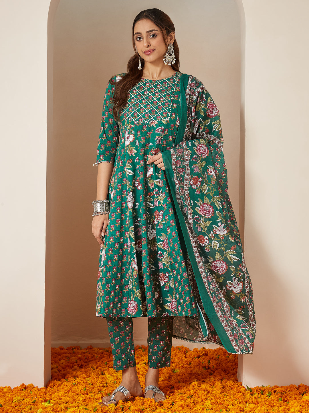 Green Cotton Anarkali Floral Printed 3-Piece Kurta Set
