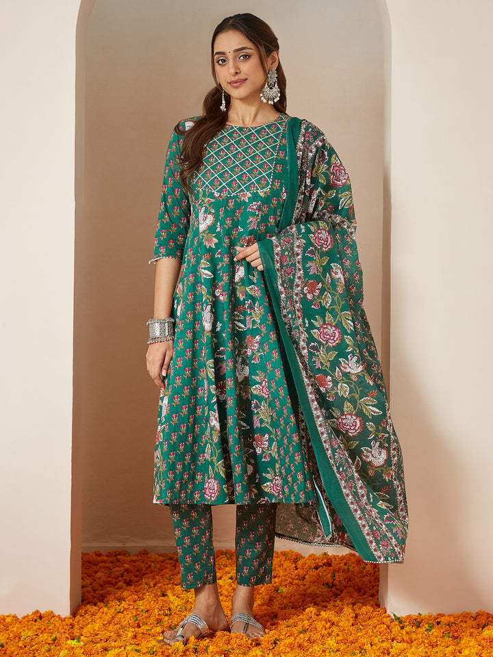 Green Cotton Anarkali Floral Printed 3-Piece Kurta Set