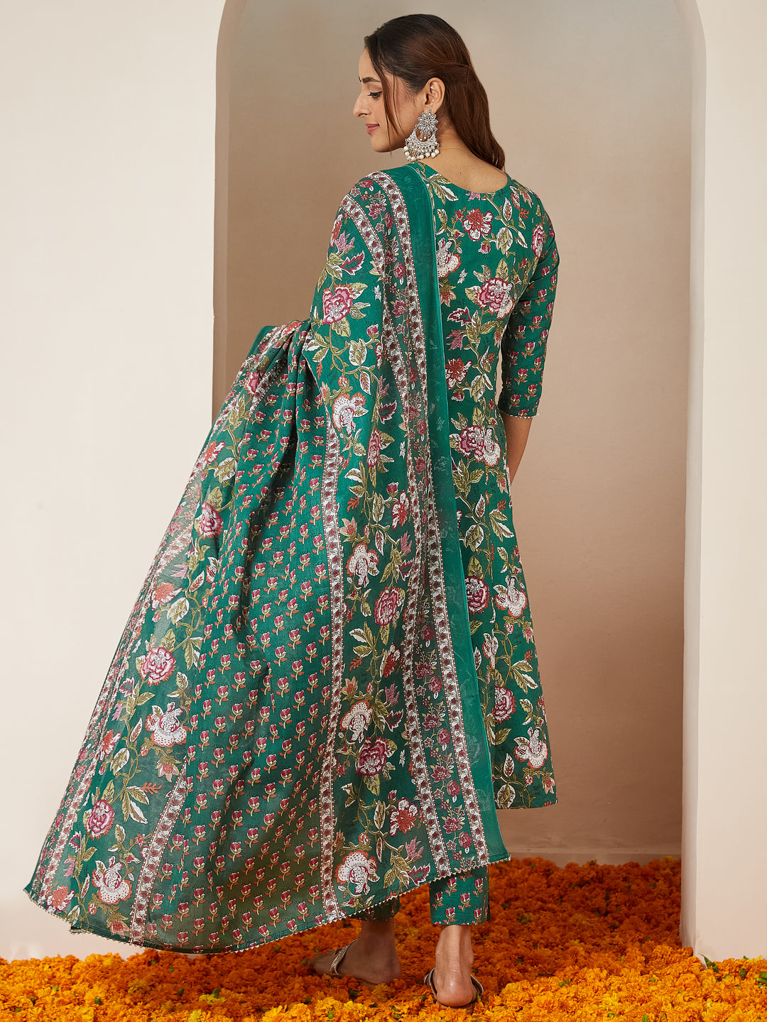 Green Cotton Anarkali Floral Printed 3-Piece Kurta Set