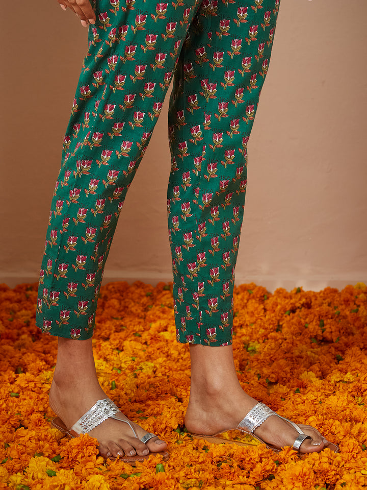 Green Cotton Anarkali Floral Printed 3-Piece Kurta Set