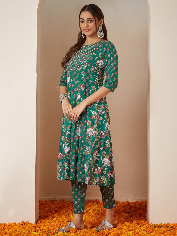 Green Cotton Anarkali Floral Printed 3-Piece Kurta Set