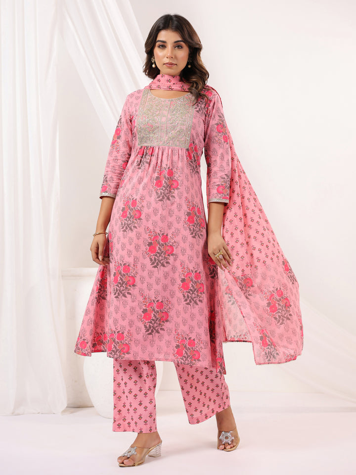 Soft Pink Cotton A-Line Floral Printed 3-Piece Kurta Set