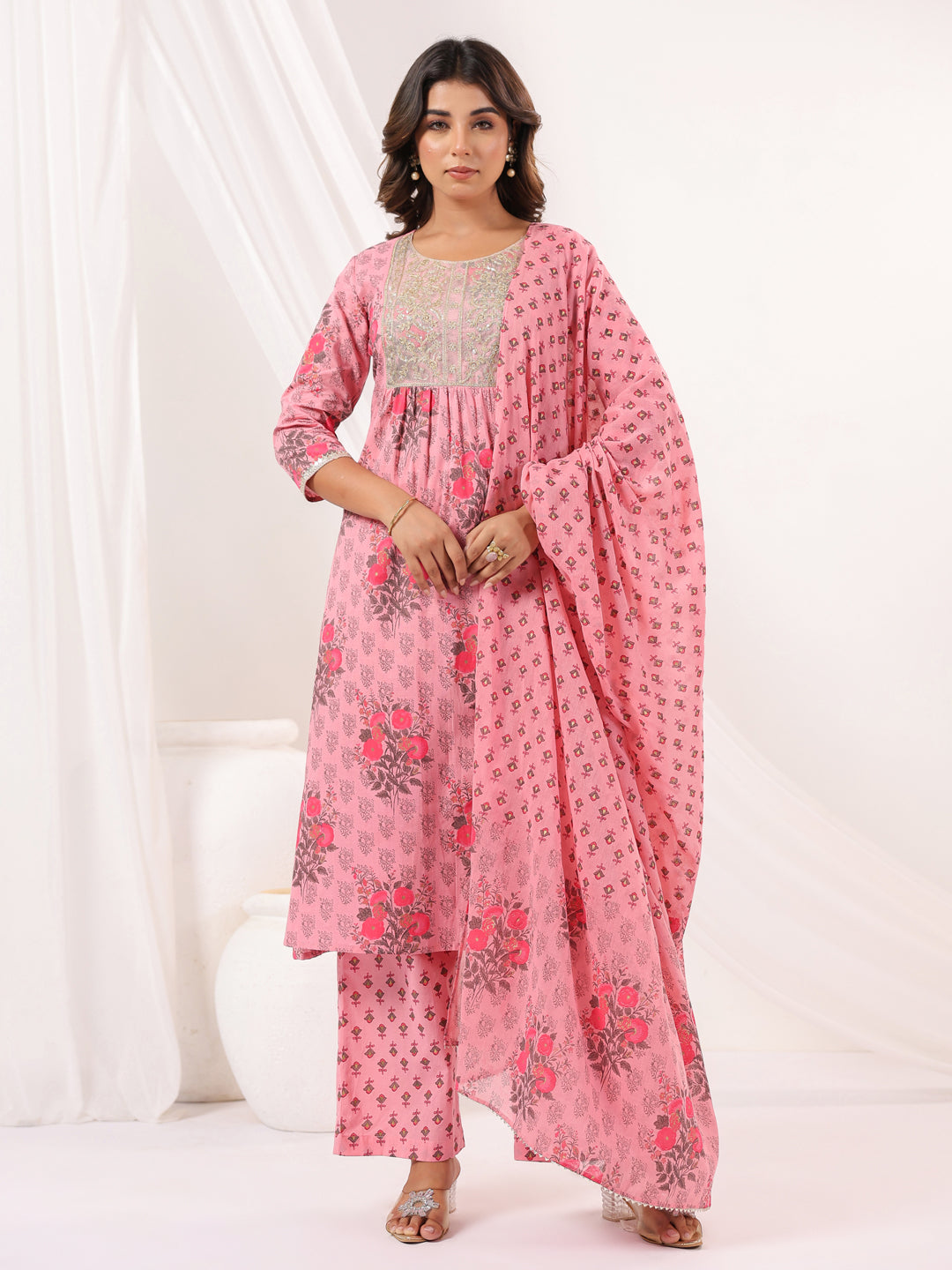 Soft Pink Cotton A-Line Floral Printed 3-Piece Kurta Set