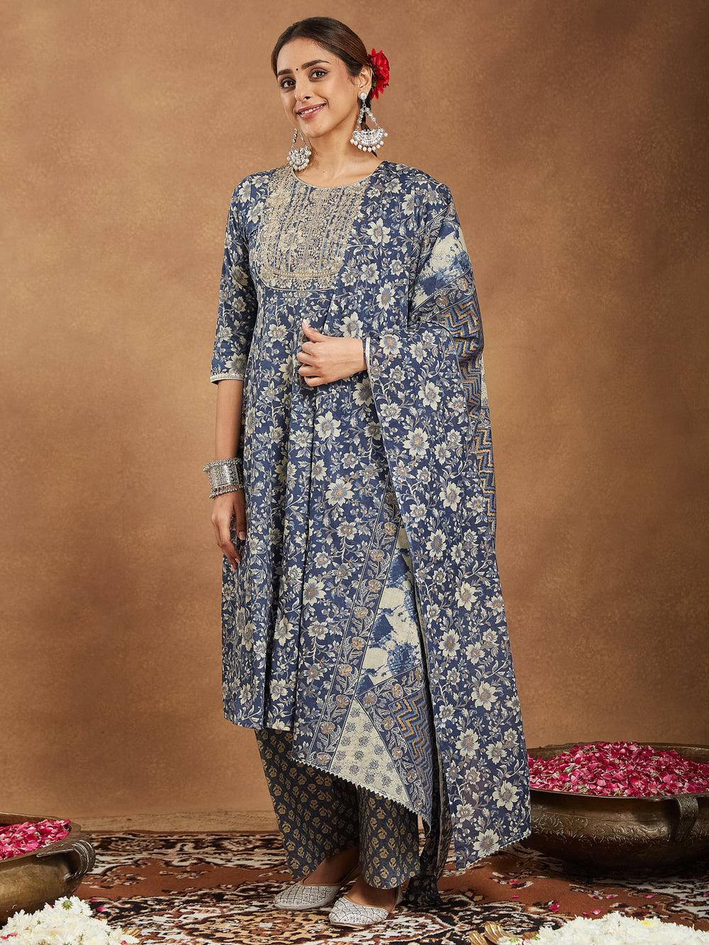 Blue-Cotton-Anarkali-Floral-Printed-3-Piece-Kurta-Set