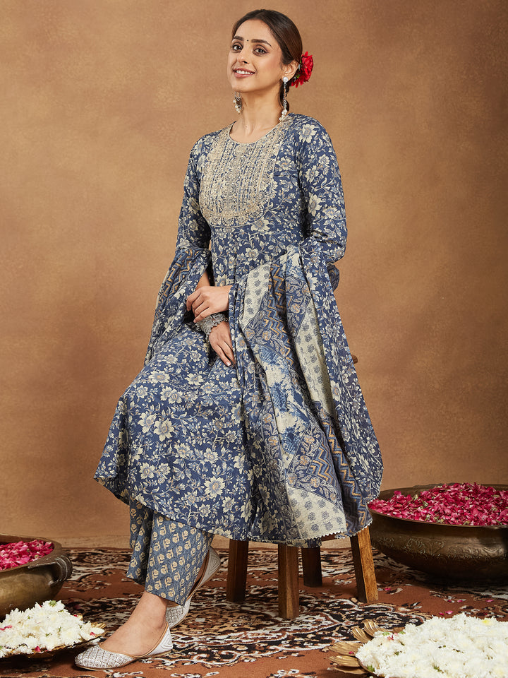 Blue-Cotton-Anarkali-Floral-Printed-3-Piece-Kurta-Set