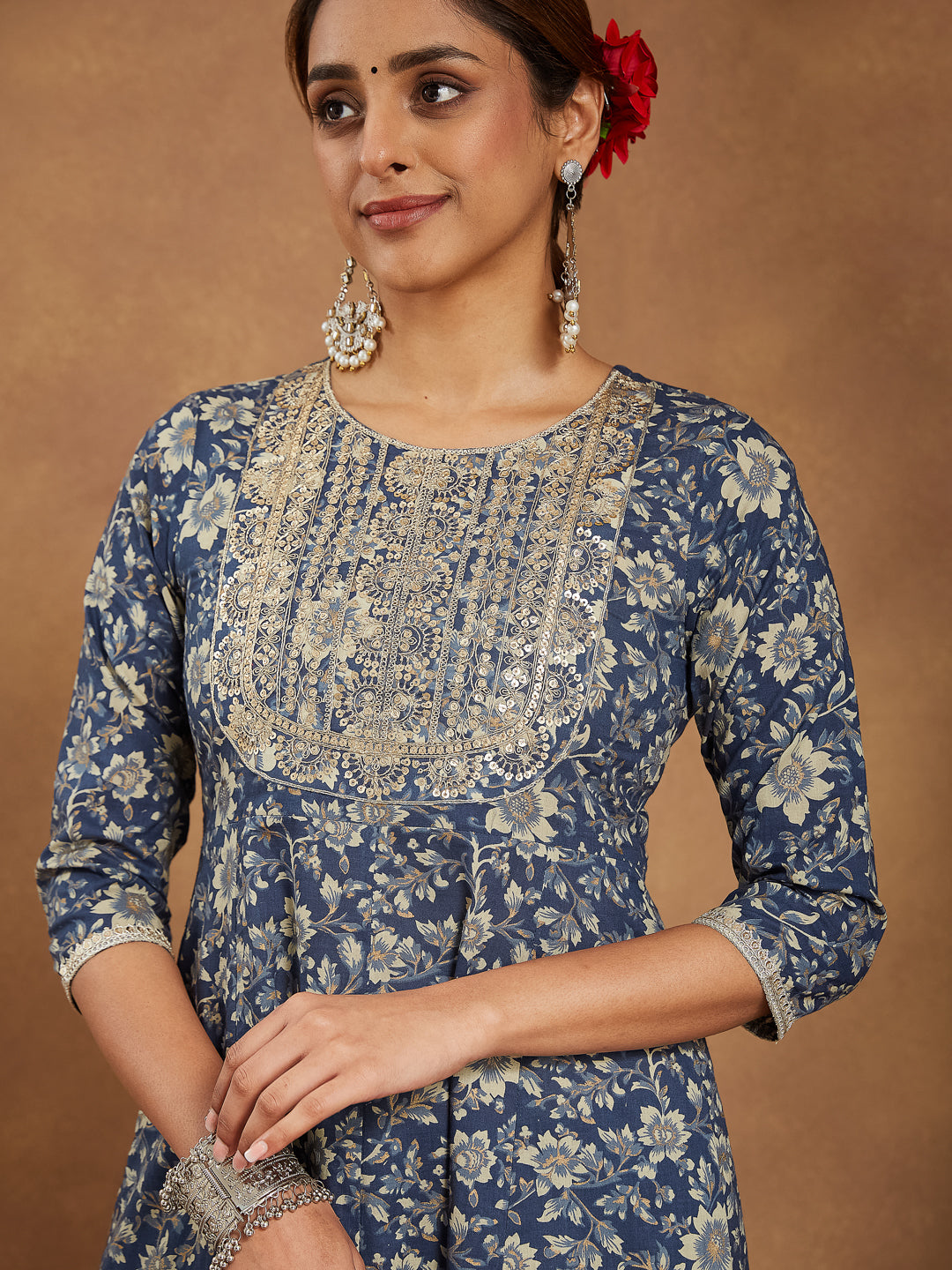 Blue-Cotton-Anarkali-Floral-Printed-3-Piece-Kurta-Set