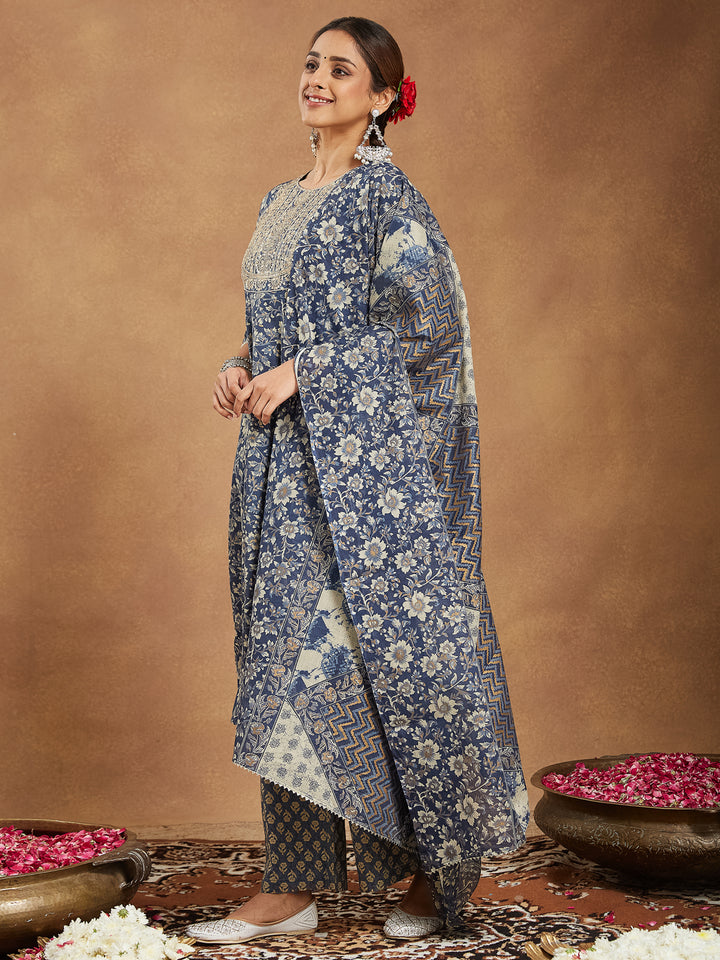 Blue-Cotton-Anarkali-Floral-Printed-3-Piece-Kurta-Set