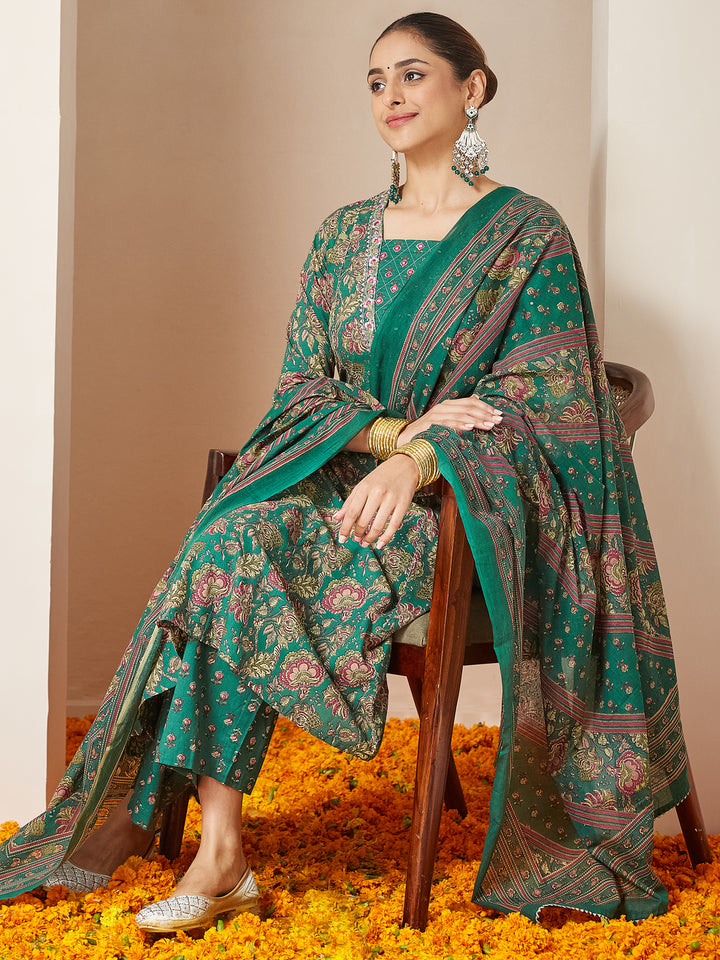 Dark-Green-Cotton-Panelled-Floral-Printed-3-Piece-Kurta-Set