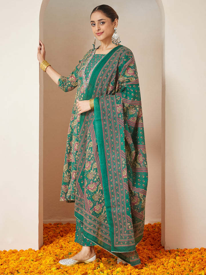 Dark-Green-Cotton-Panelled-Floral-Printed-3-Piece-Kurta-Set