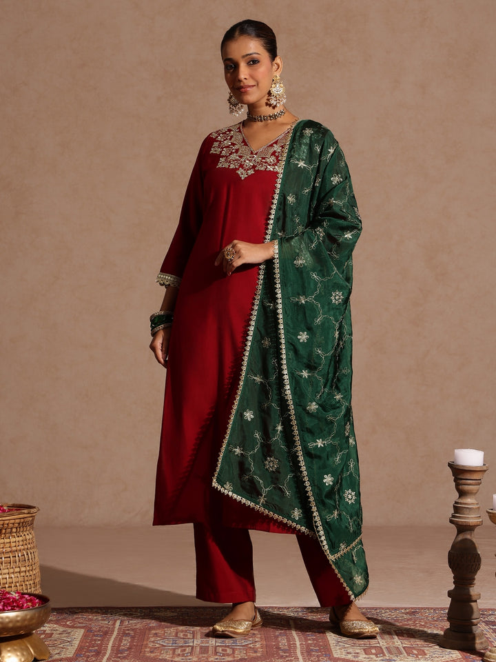 Maroon Silk Blend Yoke Embroidery 3-Piece Kurta Set