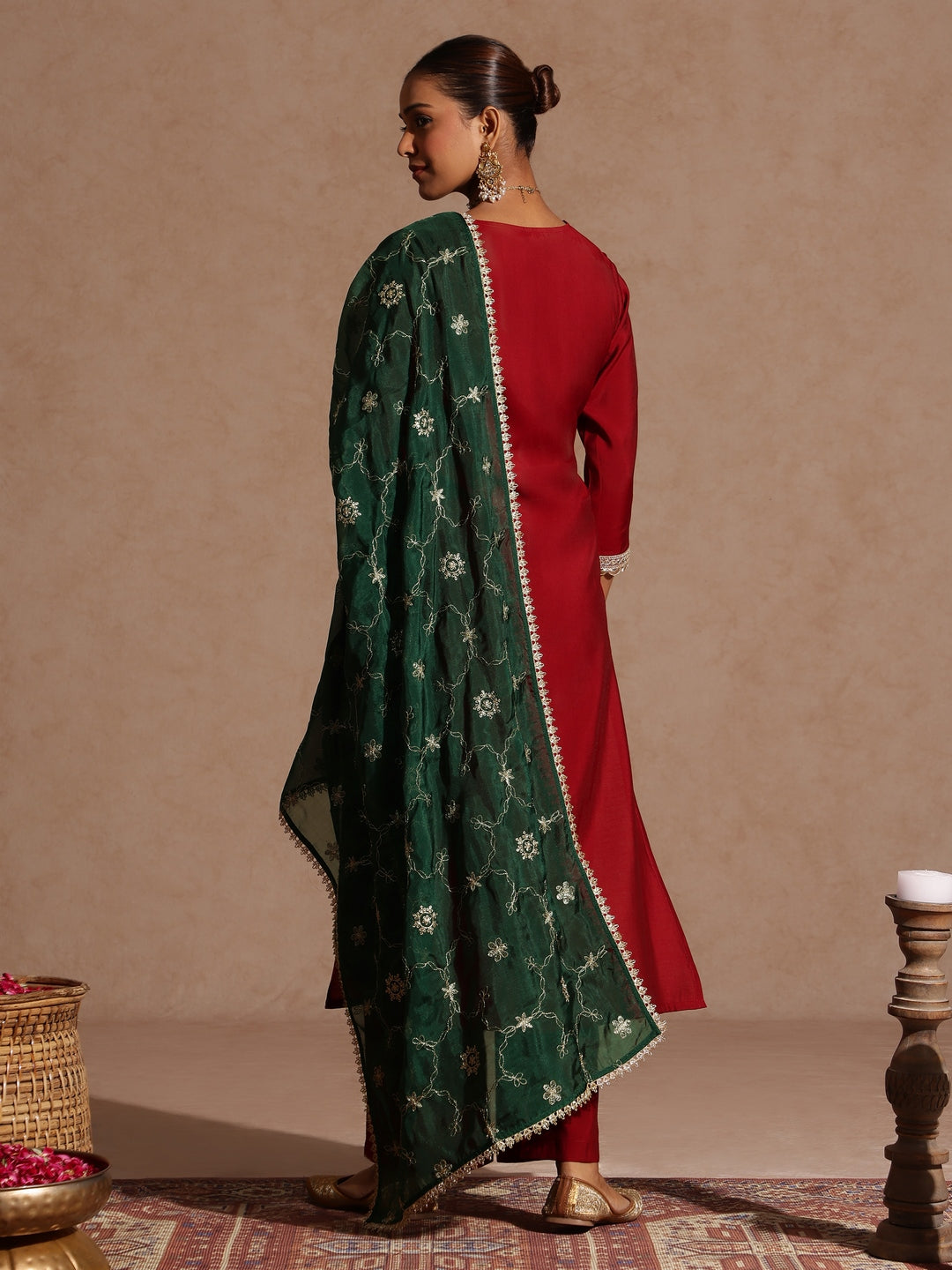 Maroon Silk Blend Yoke Embroidery 3-Piece Kurta Set