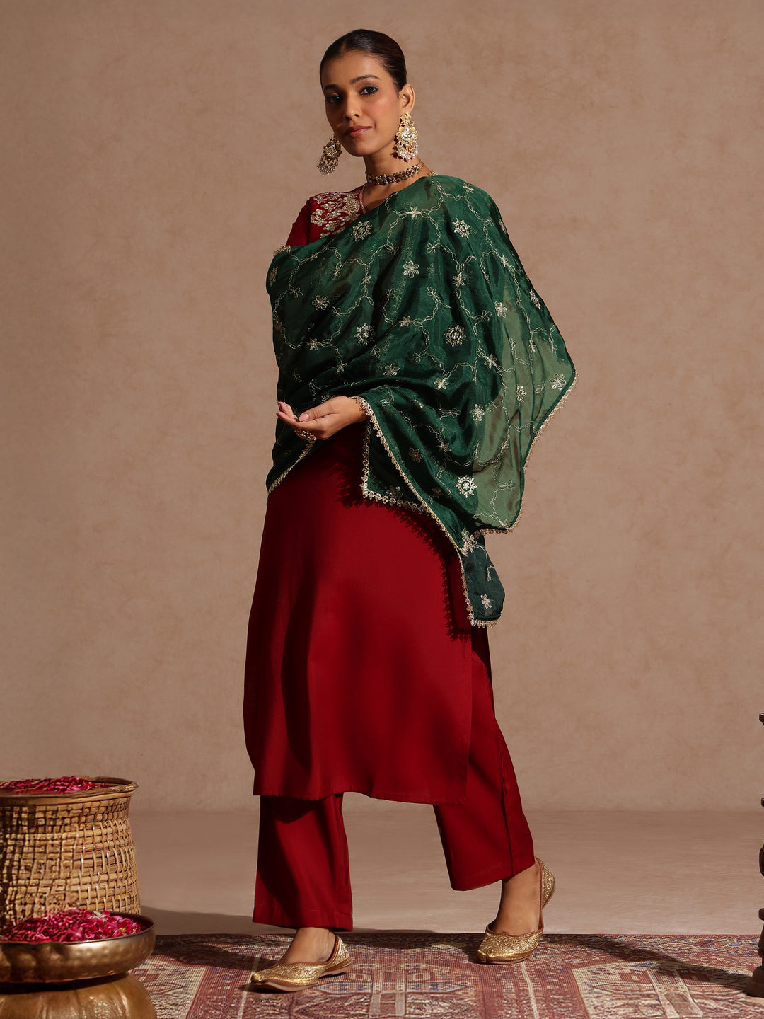 Maroon Silk Blend Yoke Embroidery 3-Piece Kurta Set