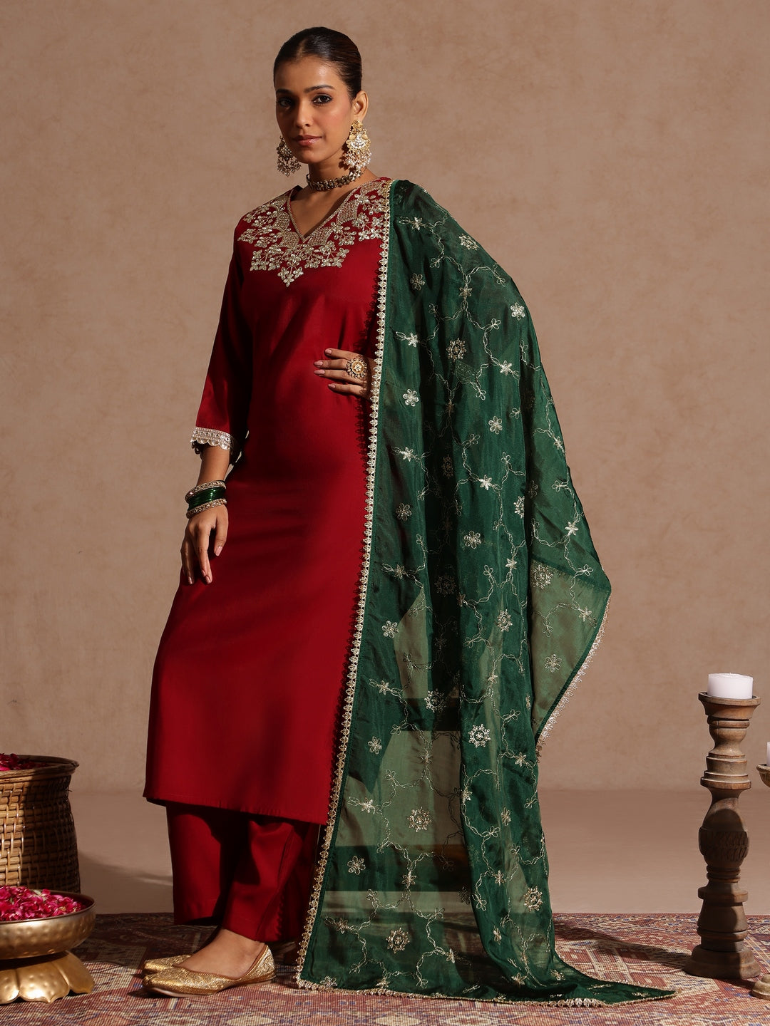 Maroon Silk Blend Yoke Embroidery 3-Piece Kurta Set