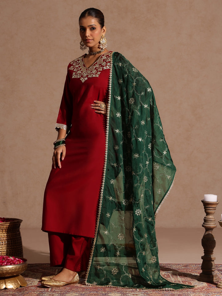 Maroon Silk Blend Yoke Embroidery 3-Piece Kurta Set