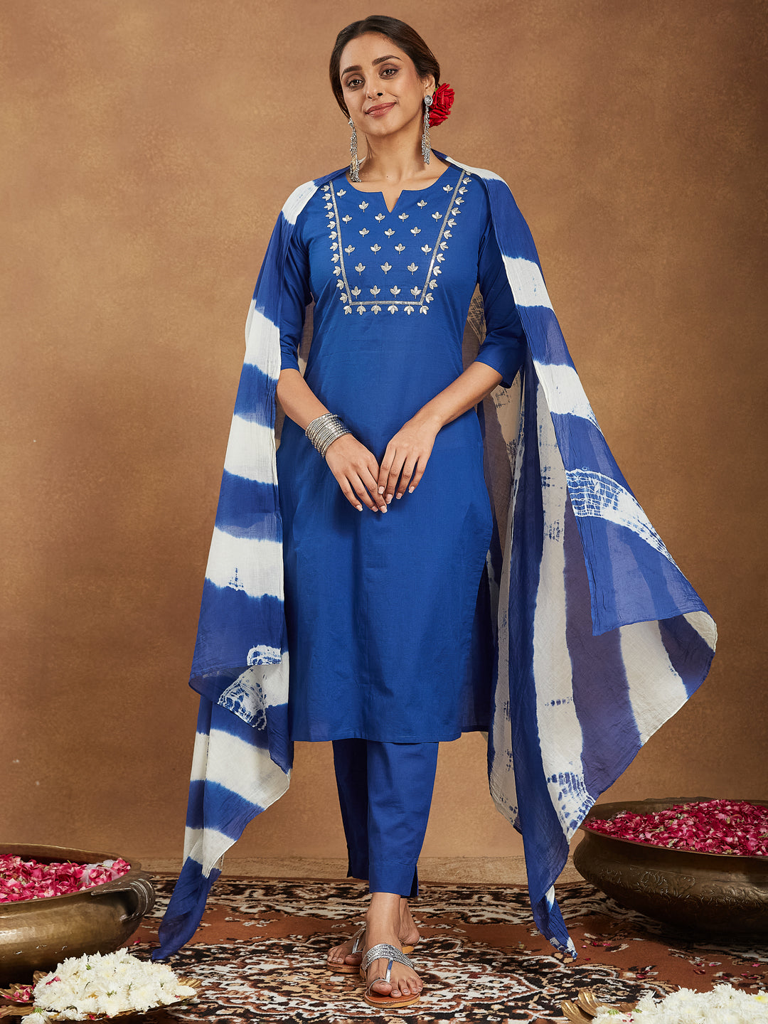 Navy-Blue-Cambric-A-Line-Solid-3-Piece-Kurta-Set
