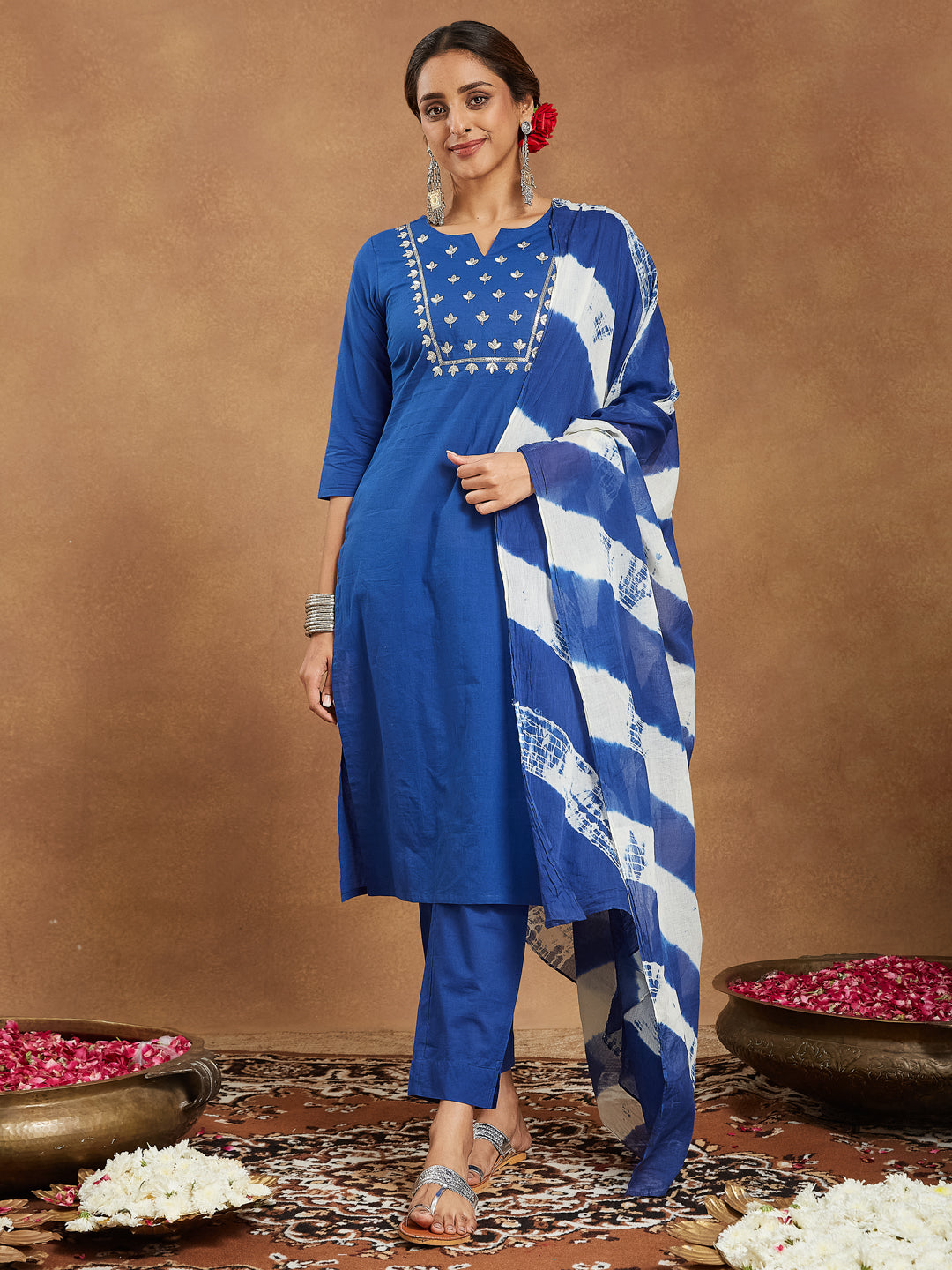 Navy-Blue-Cambric-A-Line-Solid-3-Piece-Kurta-Set