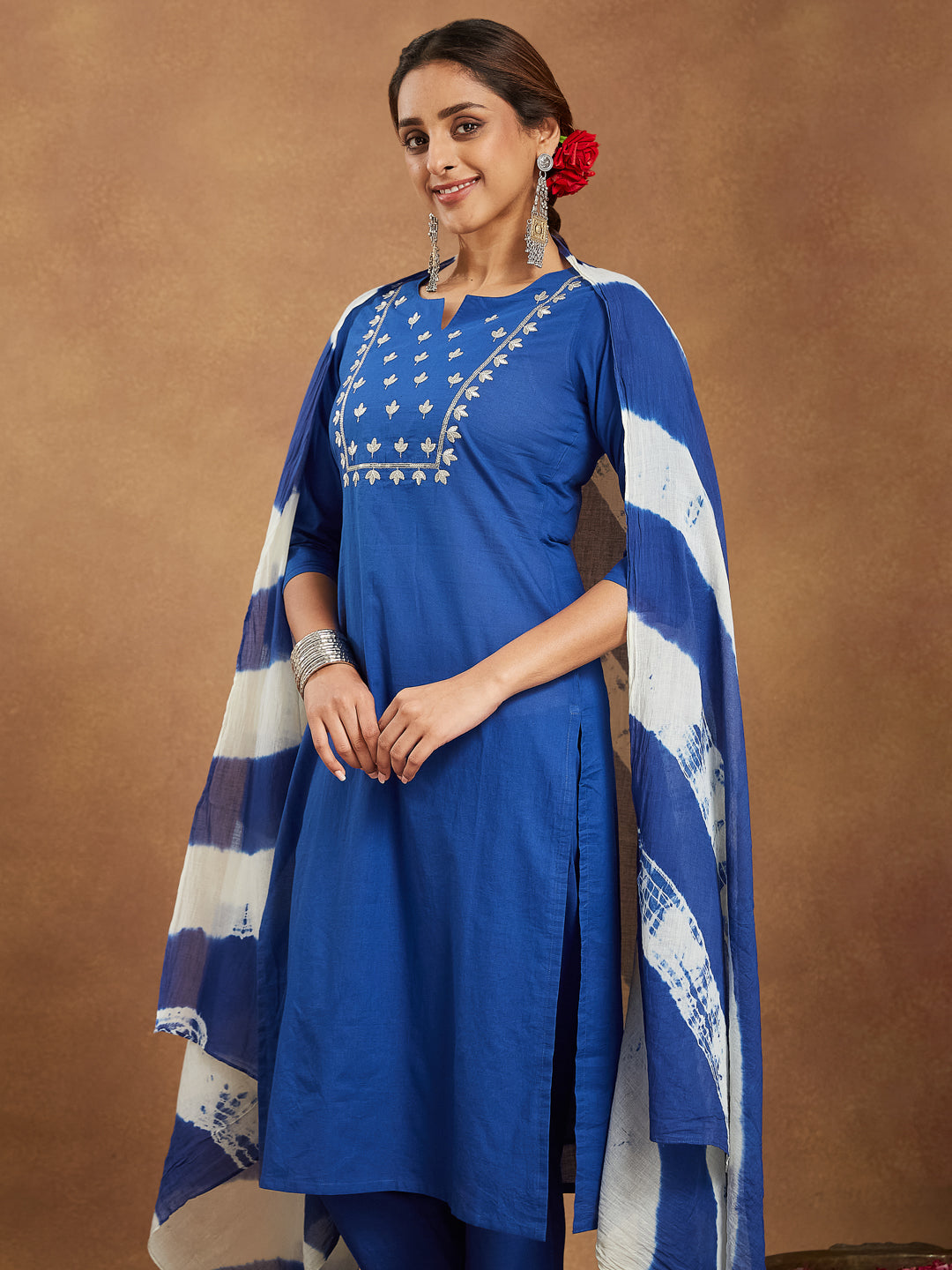 Navy-Blue-Cambric-A-Line-Solid-3-Piece-Kurta-Set