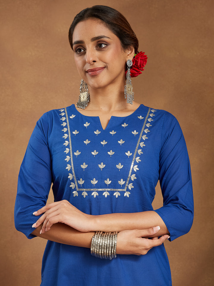 Navy-Blue-Cambric-A-Line-Solid-3-Piece-Kurta-Set