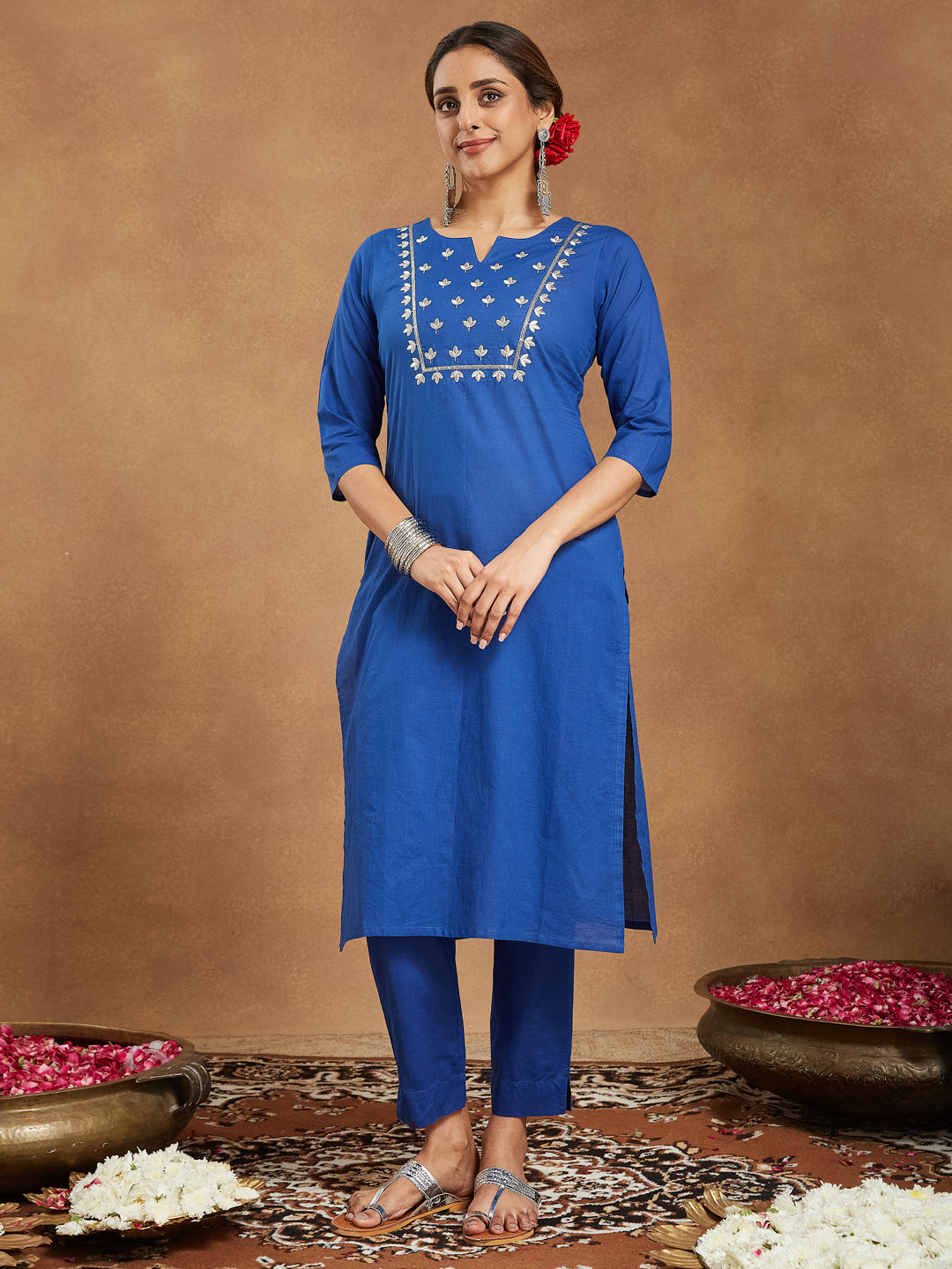 Navy-Blue-Cambric-A-Line-Solid-3-Piece-Kurta-Set