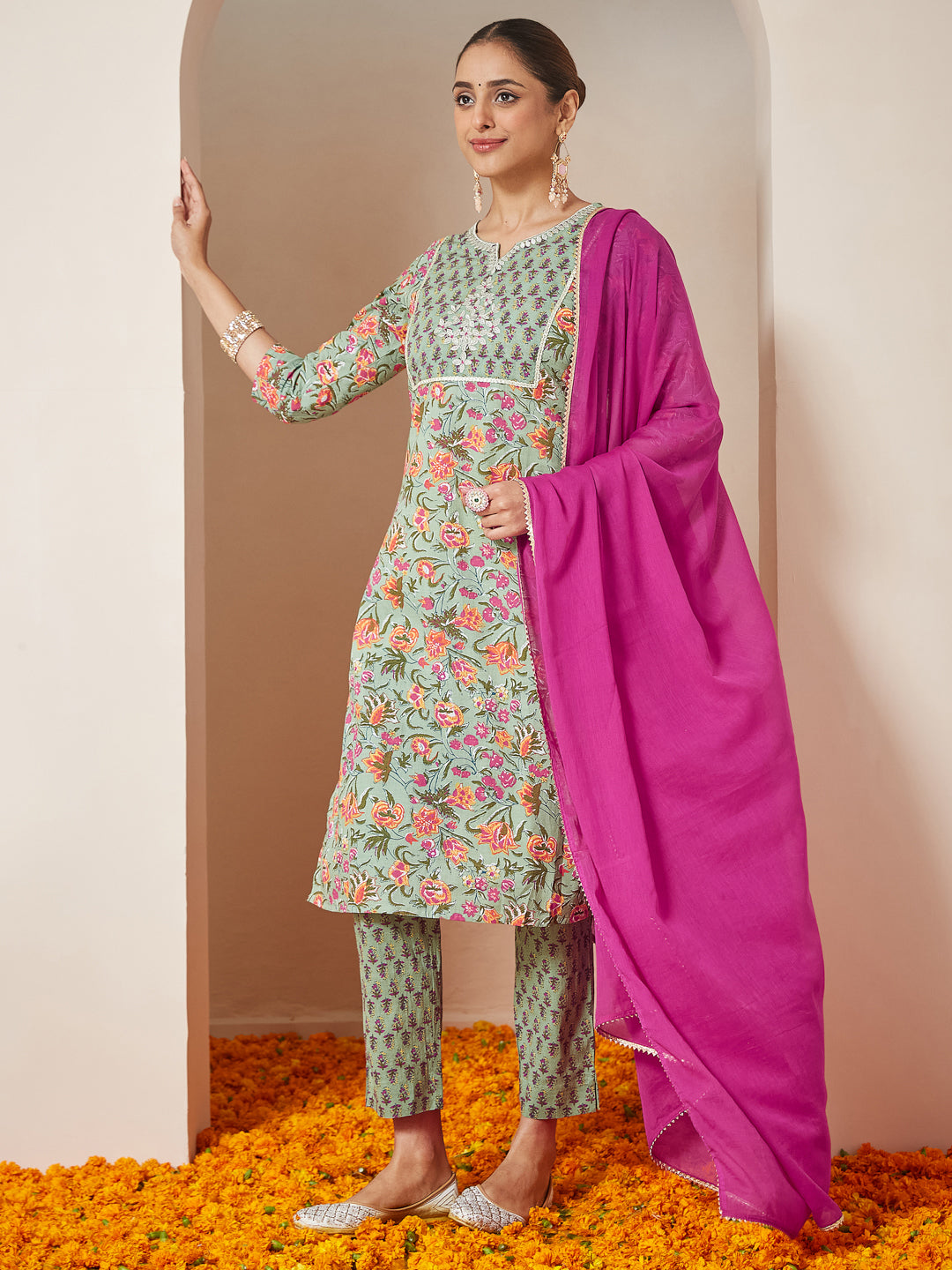 Mint-Cambric-A-Line-Floral-Printed-3-Piece-Kurta-Set