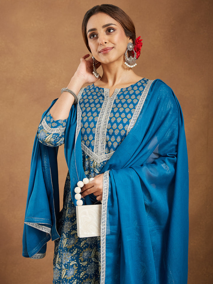 Teal-Cambric-Straight-Foil-Print-3-Piece-Kurta-Set