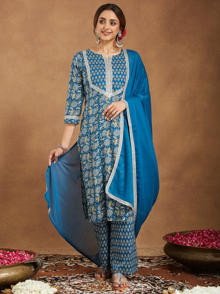 Teal-Cambric-Straight-Foil-Print-3-Piece-Kurta-Set