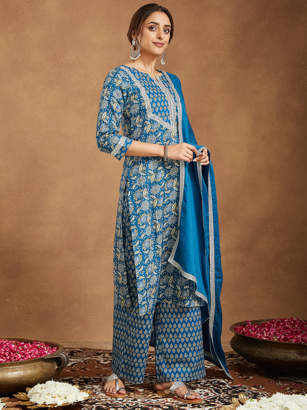 Teal-Cambric-Straight-Foil-Print-3-Piece-Kurta-Set