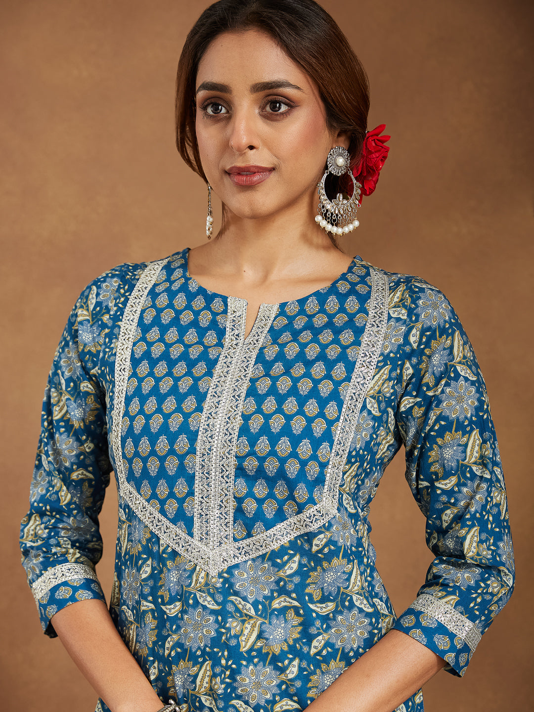 Teal-Cambric-Straight-Foil-Print-3-Piece-Kurta-Set