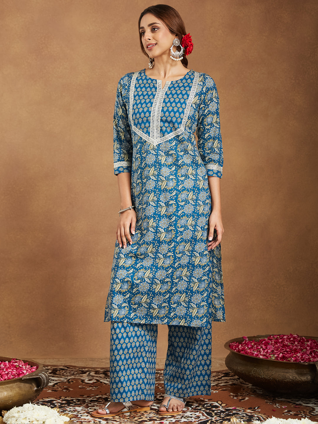 Teal-Cambric-Straight-Foil-Print-3-Piece-Kurta-Set