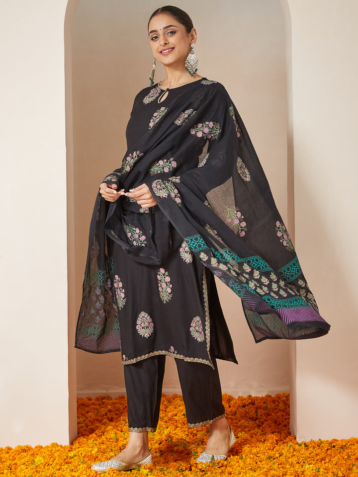 Black Rayon Straight Floral Printed 3-Piece Kurta Set