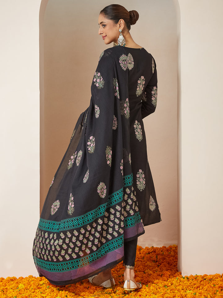 Black Rayon Straight Floral Printed 3-Piece Kurta Set