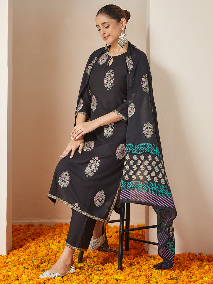 Black Rayon Straight Floral Printed 3-Piece Kurta Set