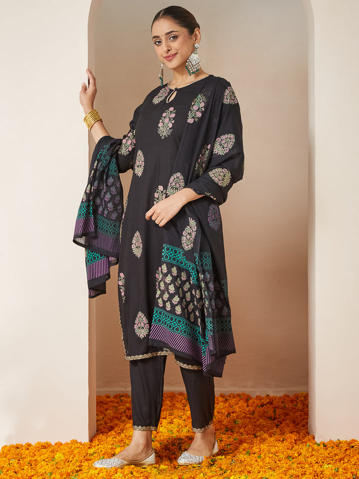 Black Rayon Straight Floral Printed 3-Piece Kurta Set